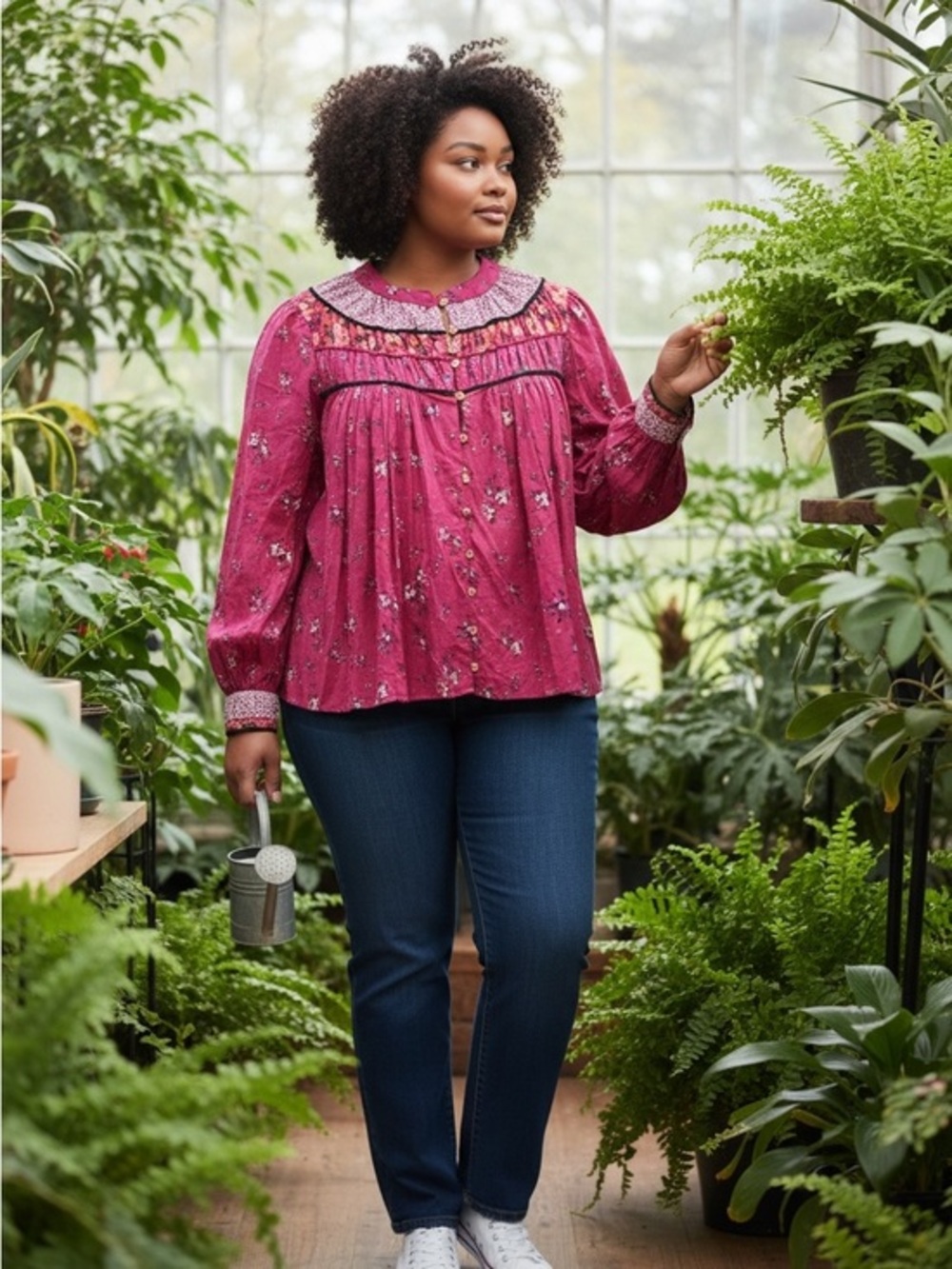 Free People Floral Smocked Yoke Blouse - Raspberry